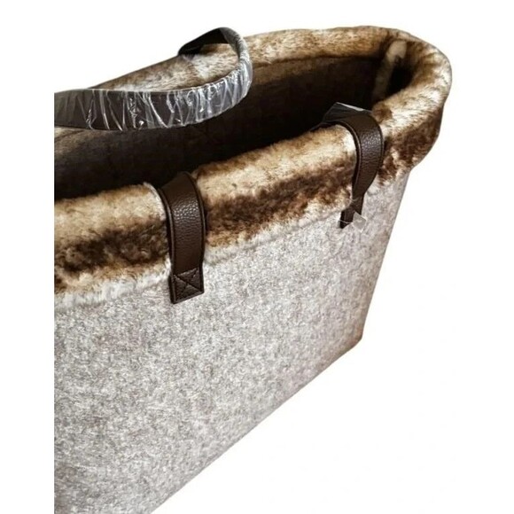 Barnes & Noble Brown Cream Tote Bag Faux Fur Trim Felt Carrier Thick Strong Gift - Picture 5 of 9